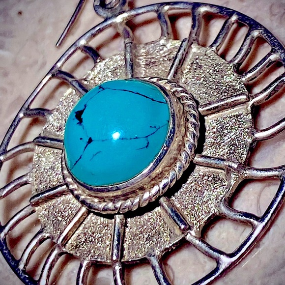 Vintage Turquoise Earrings Handmade in India Large Sun Dangle Earrings Sterling - Picture 2 of 9
